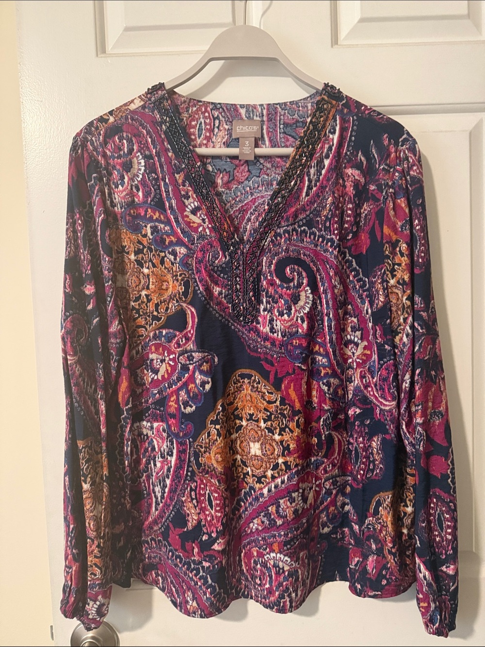 Chico's Navy Paisley V-Neck Tunic with Pink & Gold Accents